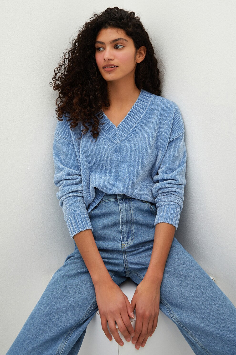 LC WAIKIKI, Pulover lejer cu decolteu in V si maneci cazute, Albastru aqua