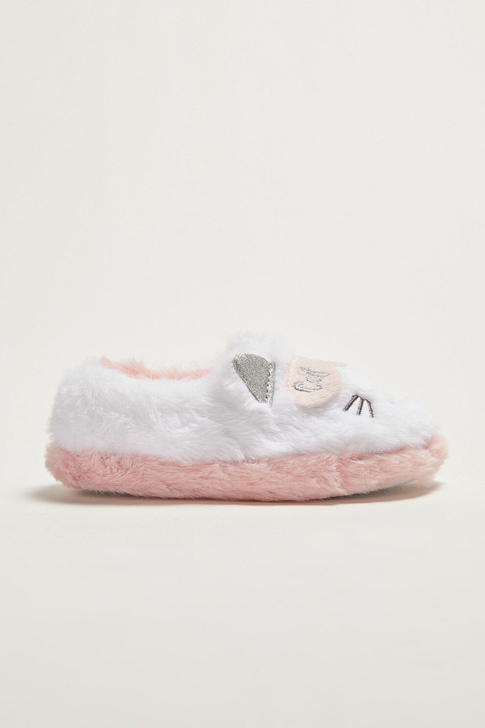 LC WAIKIKI, Papuci slip-on pufosi de casa cu model pisica, Alb optic/Roz pastel