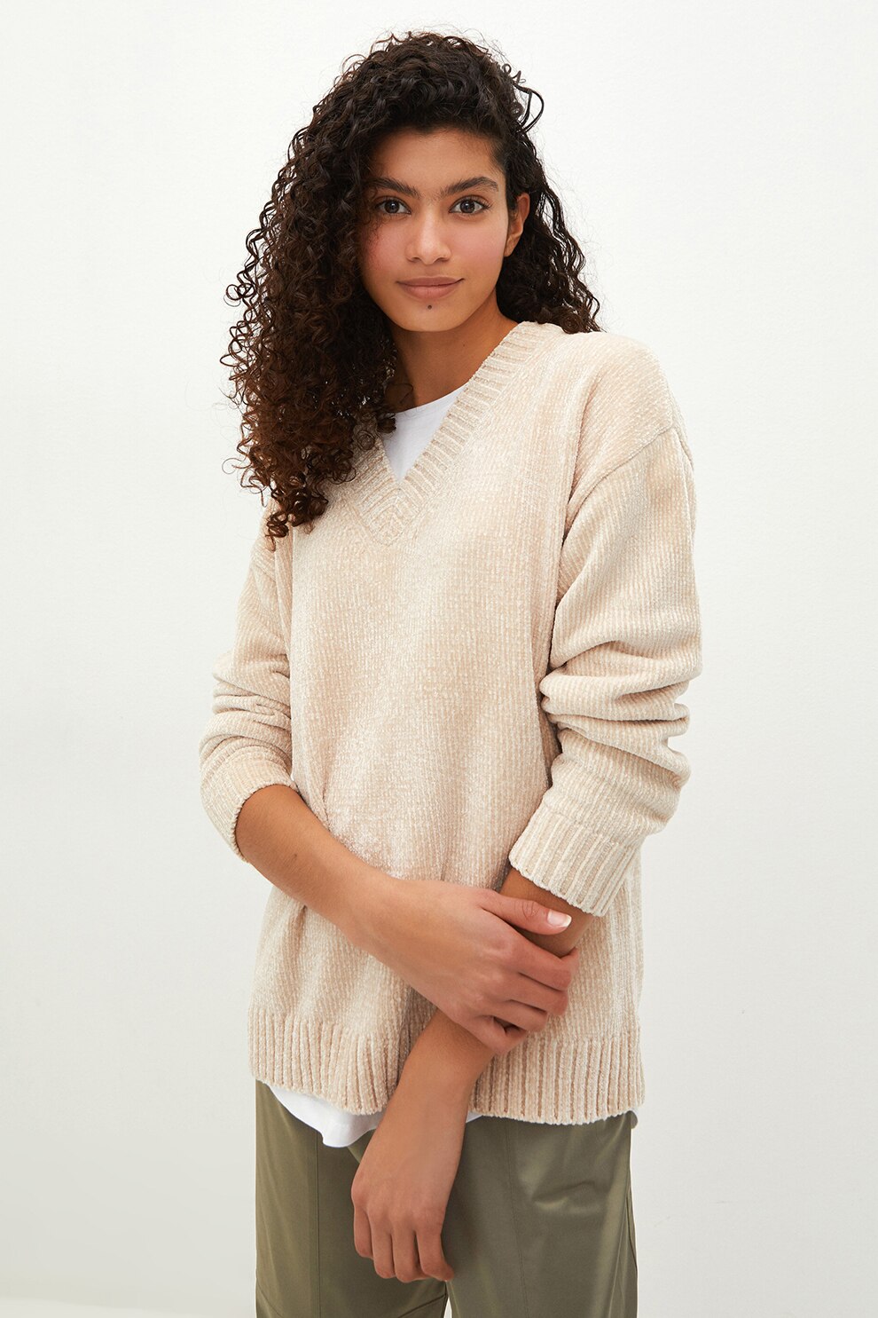 LC WAIKIKI, Pulover lejer cu decolteu in V si maneci cazute, Maro nisip