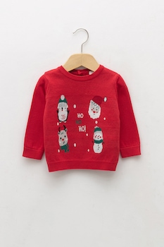 LC WAIKIKI, Pulover cu decolteu la baza gatului cu imprimeu, roz corai, alb optic LC WAIKIKI, Pulover cu decolteu la baza gatului cu imprimeu, roz corai, alb optic