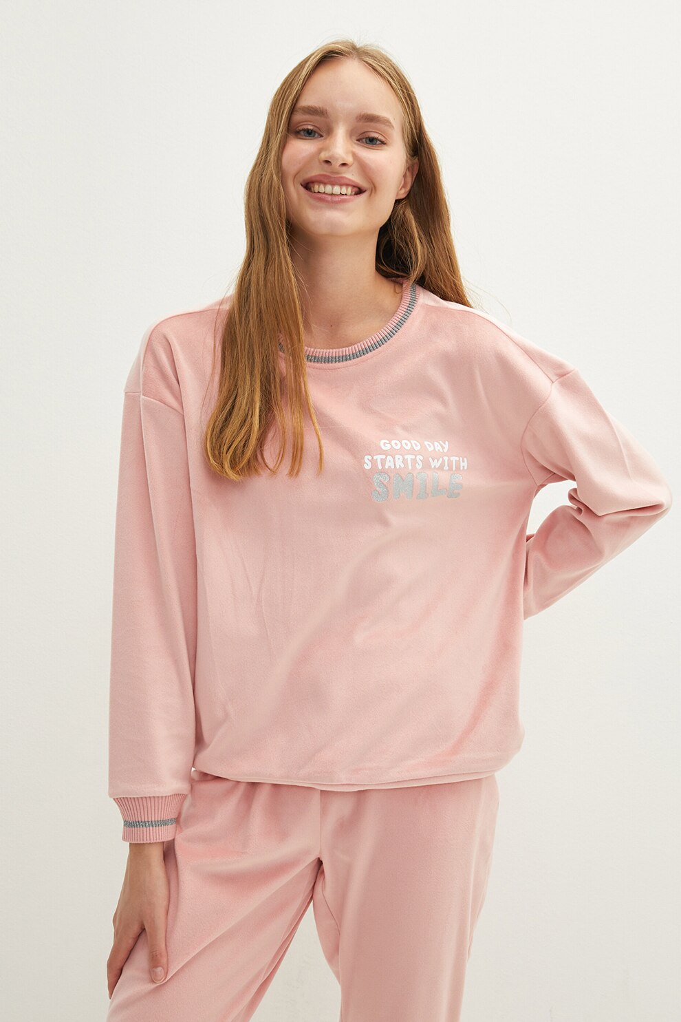 LC WAIKIKI, Pantaloni si bluza de pijama cu maneci cazute, Roz prafuit