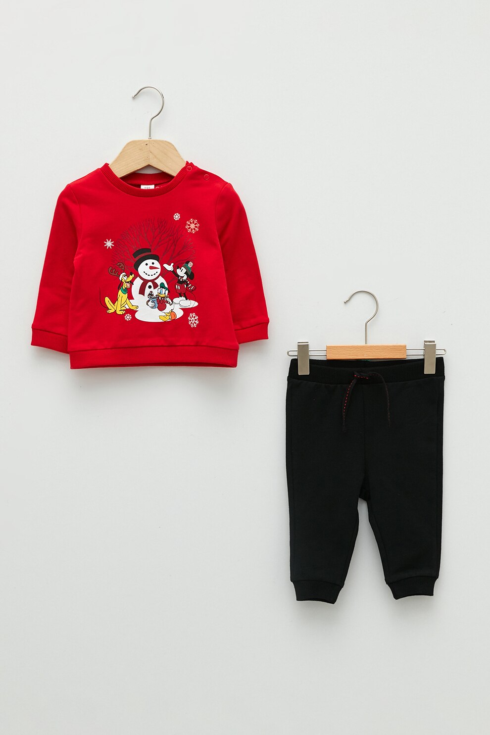 LC WAIKIKI, Set de bluza sport si pantaloni sport cu imprimeu tematic de Craciun - 2 piese, Rosu/Negru