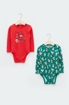 LC WAIKIKI, Set de body-uri cu imprimeu grafic - 2 piese, Verde persan/Corai LC WAIKIKI, Set de body-uri cu imprimeu grafic - 2 piese, Verde persan/Corai
