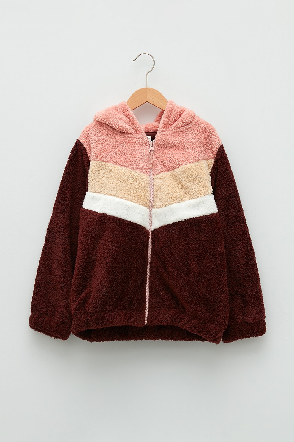 LC WAIKIKI, Jacheta de plus cu gluga si aspect colorblock, Rosu inchis/Roz pastel/Maro nisip