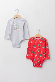 LC WAIKIKI, Set de body-uri cu maneci lungi - 2 piese, Gri deschis/corai LC WAIKIKI, Set de body-uri cu maneci lungi - 2 piese, Gri deschis/corai