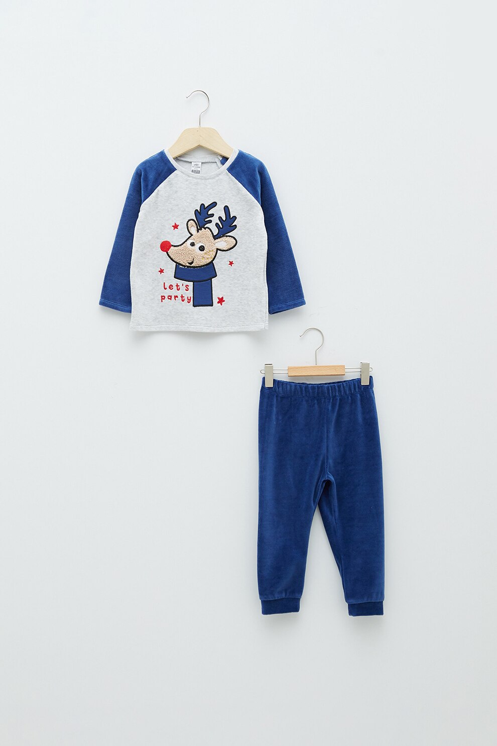 LC WAIKIKI, Pijama de catifea cu imprimeu, Albastru inchis/Gri melange deschis