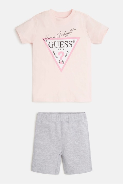 GUESS KIDS, Pijama de bumbac cu tricou si pantaloni scurti, Gri/Roz