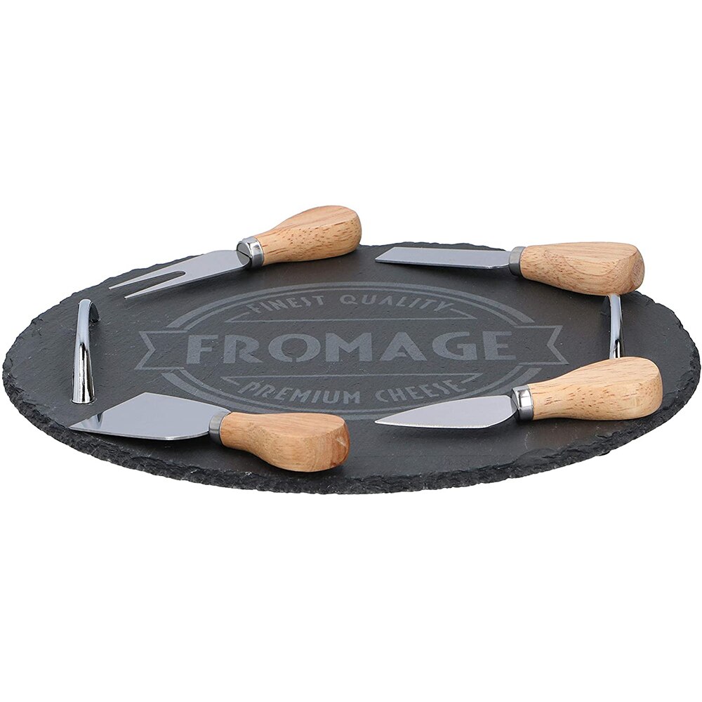 Set platou branzeturi cu 4 ustensile, Quasar & Co., cu manere si picioruse suport, d 30 cm, ardezie/otel/lemn, negru