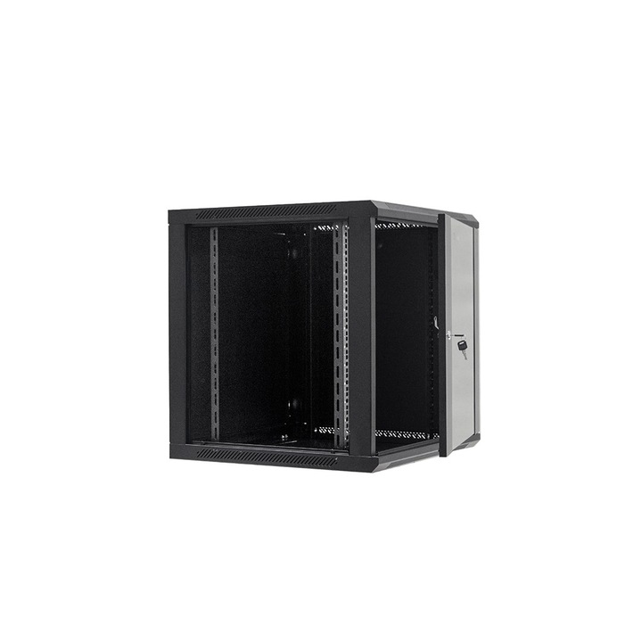Netrack, F-Line, Falra szerelhető szekrény üvegajtóval és nyitható oldallal, 12U, 600x600 mm, 19" fekete