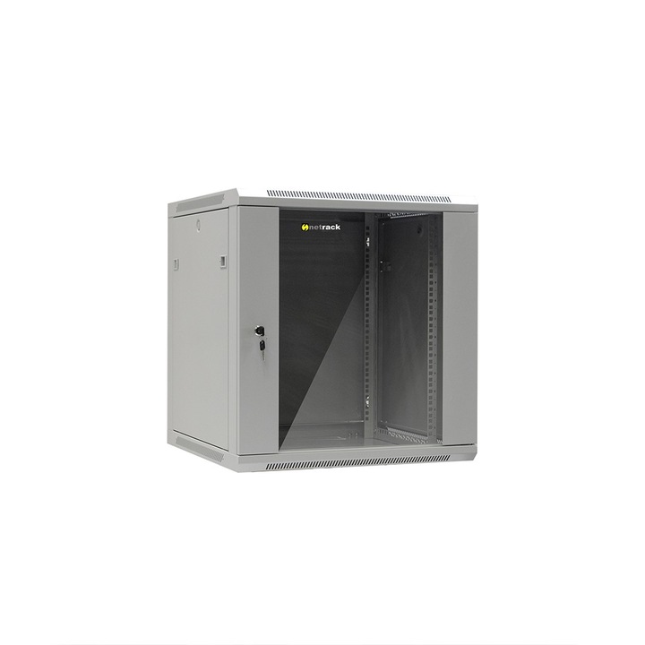 Netrack, F-Line, Falra szerelhető szekrény üvegajtóval és nyitható oldalakkal, 12U, 600x600 mm, 19" szürke
