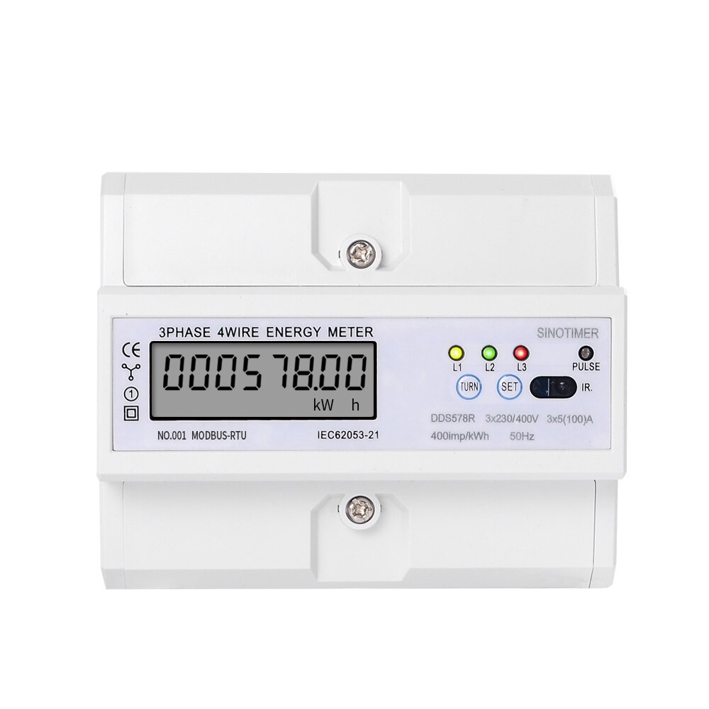 Contor trifazic de energie electrica, Sinotimer, 3x230/400V AC 50Hz, 3x5(100)A, ecran digital LED, DDS578R