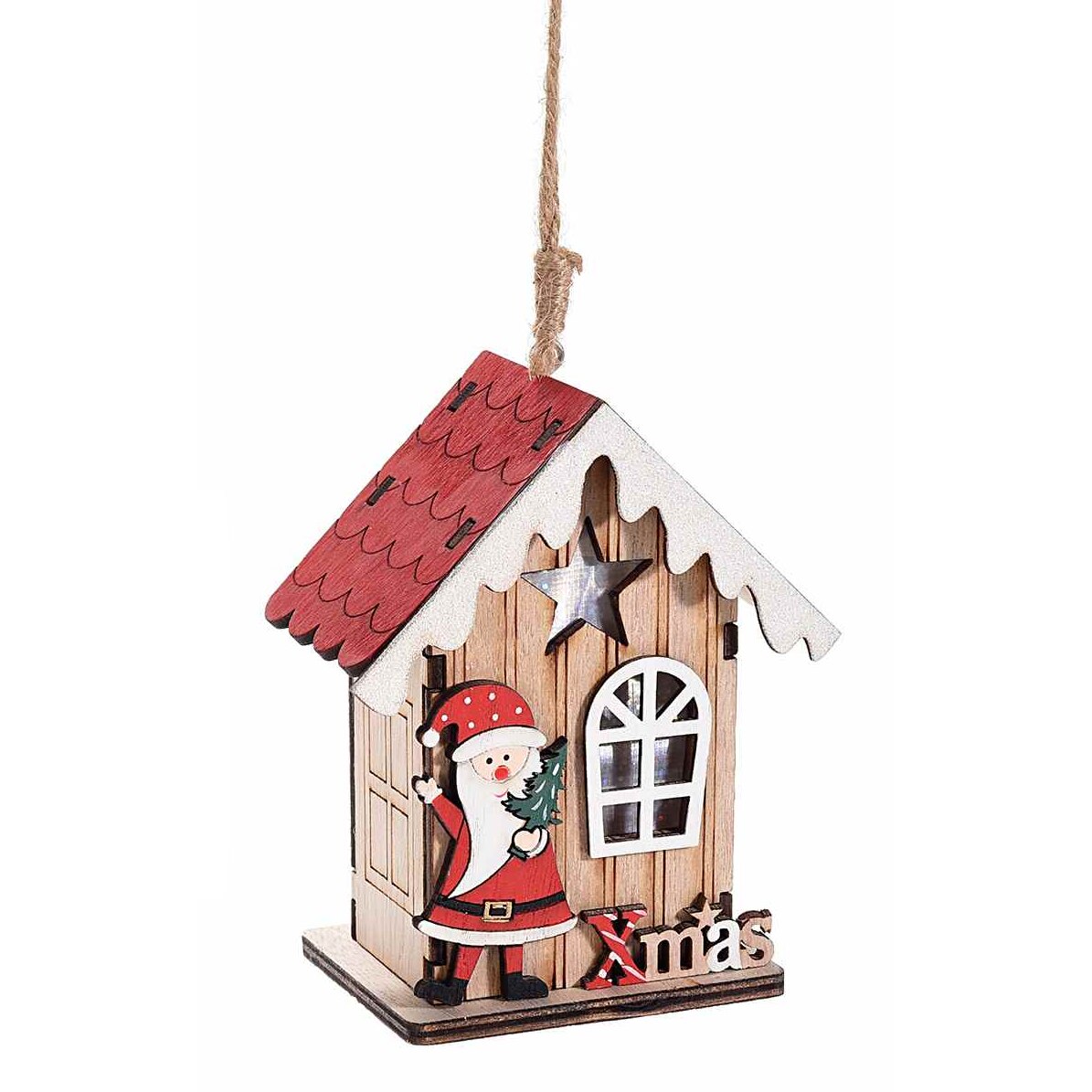 Decoratiune Casa de lemn cu Lumina LED, 11.5 x 9 x 9 cm