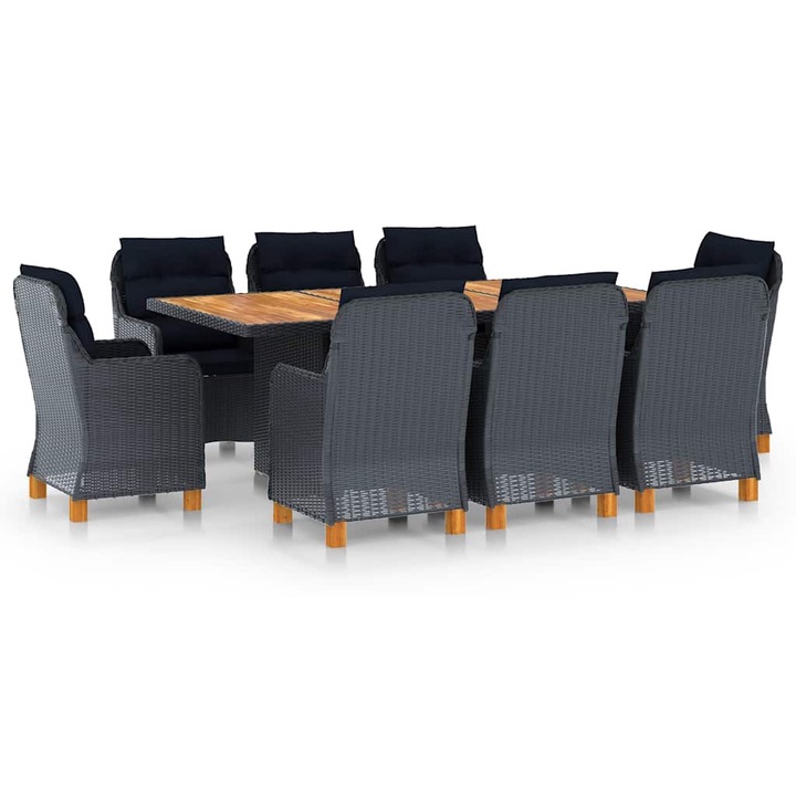 Set mobilier exterior cu perne vidaXL, 9 piese, gri inchis, poliratan, 52 kg