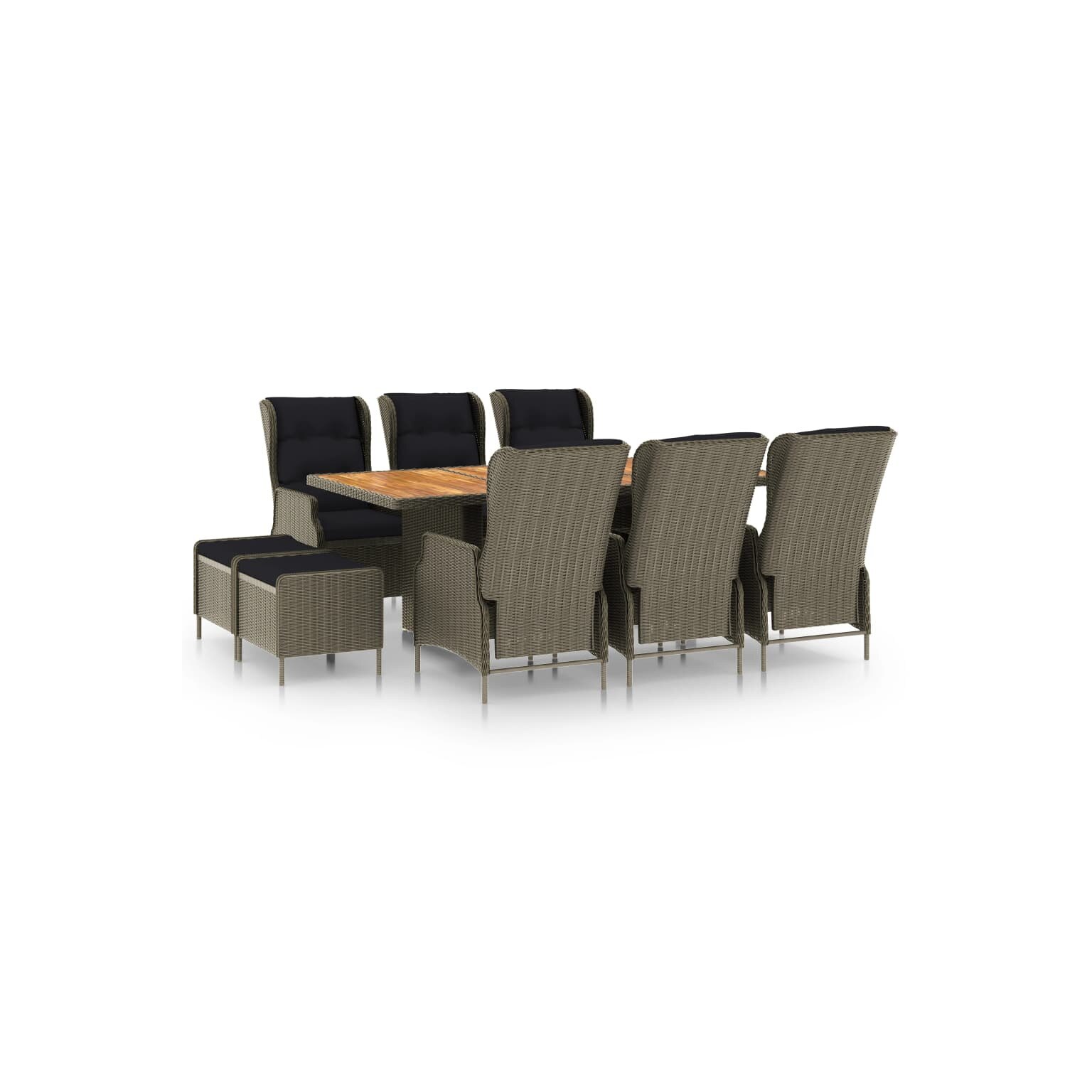 Set mobilier de exterior cu 6 scaune rabatabile, 2 tabureti cu perne si 1 masa blat lemn masiv vidaXL, Poliratan, 200 x 100 x 74 cm, Maro/Negru