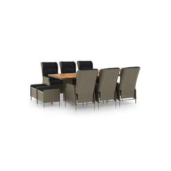 Set mobilier de exterior cu 6 scaune rabatabile, 2 tabureti cu perne si 1 masa blat lemn masiv vidaXL, Poliratan, 200 x 100 x 74 cm, Maro/Negru Set mobilier de exterior cu 6 scaune rabatabile, 2 tabureti cu perne si 1 masa blat lemn masiv vidaXL, Poliratan, 200 x 100 x 74 cm, Maro/Negru