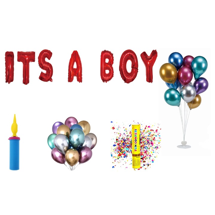 Set Baloane Its A Boy , Cake Topper Cadou , 68 Buc , Rosu