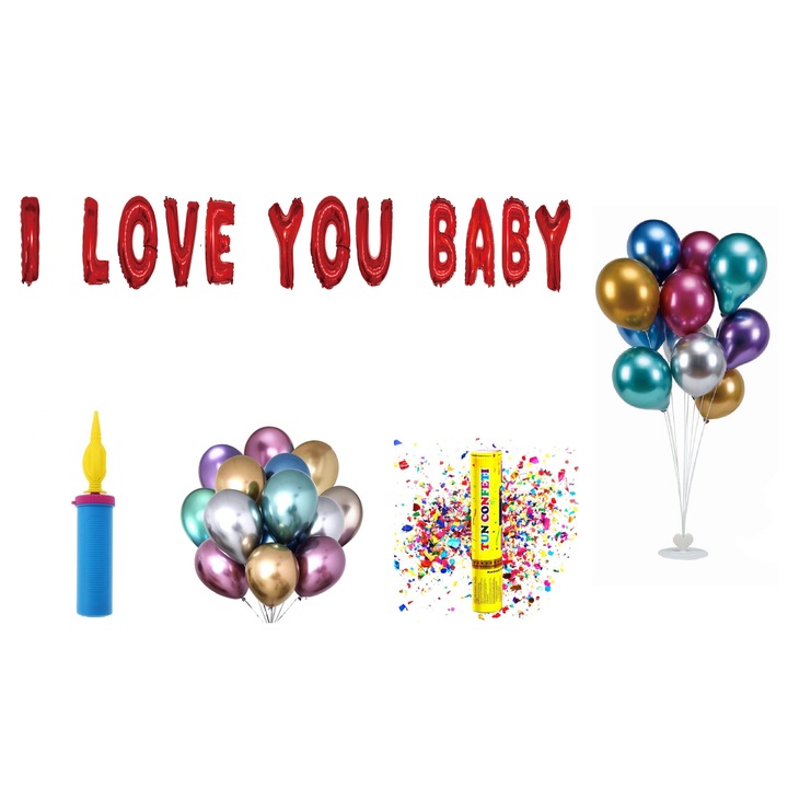 Szeretlek baba lufi szett, tortalapos ajándék, 73 db, piros