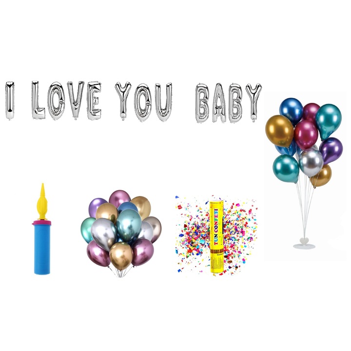 Szeretlek baba lufi készlet, tortalapos ajándék, 73 darab, ezüst