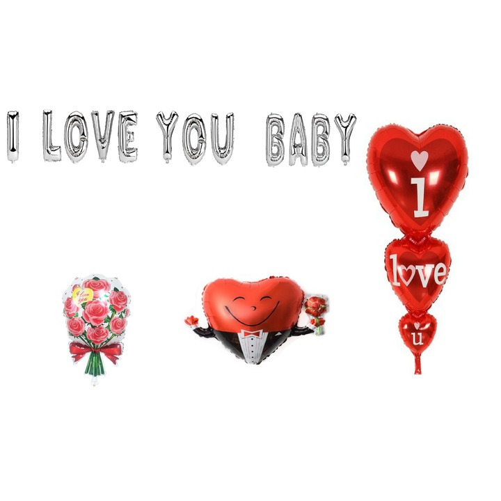 Szeretlek baba lufi szett, tortalapos ajándék, 16 részes, ezüst