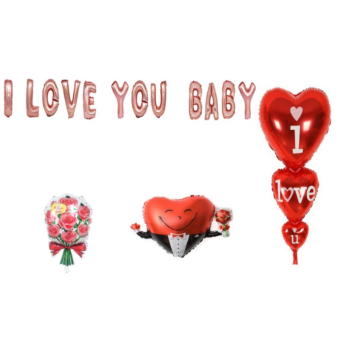 Szeretlek baba lufi szett, tortalapos ajándék, 16 részes, rózsa arany