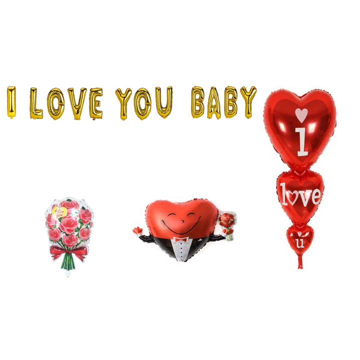 Szeretlek baba lufi szett, tortalapos ajándék, 16 db, arany