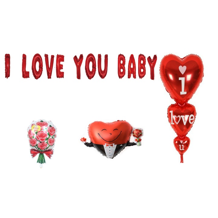 Szeretlek baba lufi szett, tortalapos ajándék, 16 db, piros