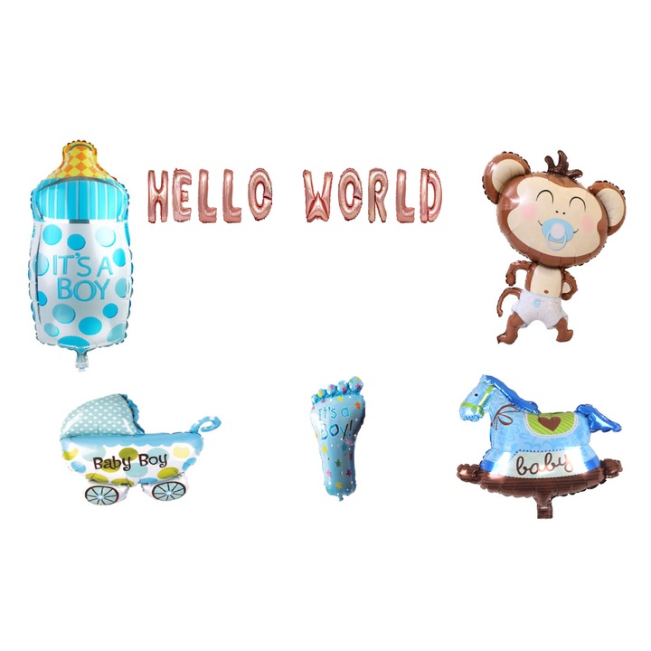 Комплект балони Hello World, за момчета, подарък за покриване на торта, 16 бр., розово злато