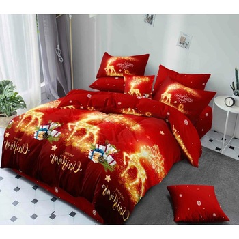 Lenjerie Pat Dublu 6 Piese de Craciun, Bumbac-Finet, Rosu cu Reni, PUC006 Lenjerie Pat Dublu 6 Piese de Craciun, Bumbac-Finet, Rosu cu Reni, PUC006