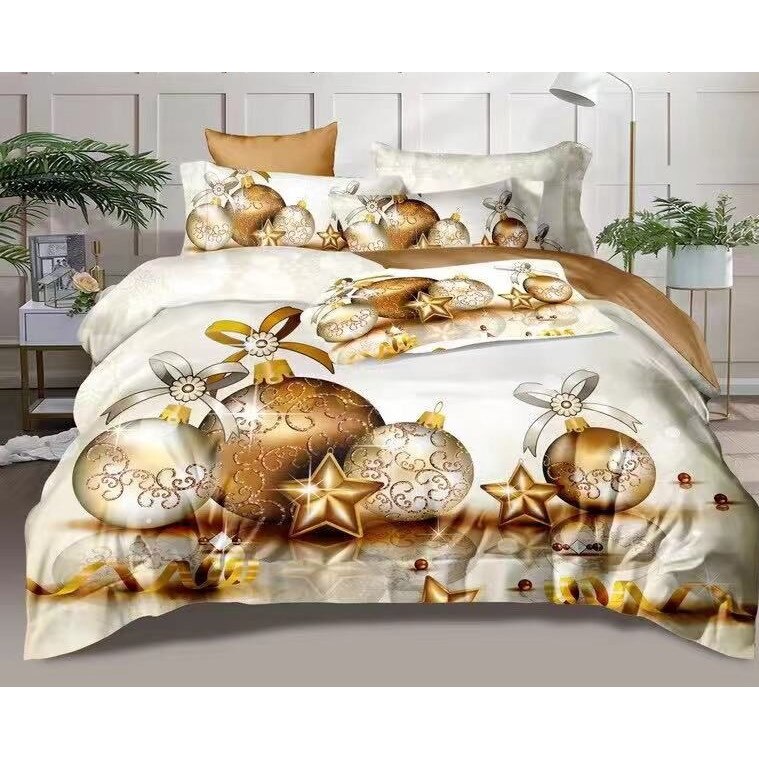 Lenjerie Pat Dublu 6 Piese de Craciun, Alb cu Auriu si Globulete, Bumbac-Finet CNCC03