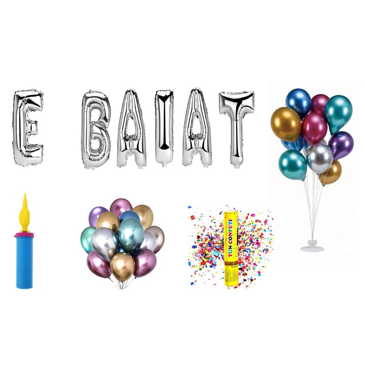 Set Baloane E Baiat , Cake Topper Cadou , 66 Buc , Argintiu