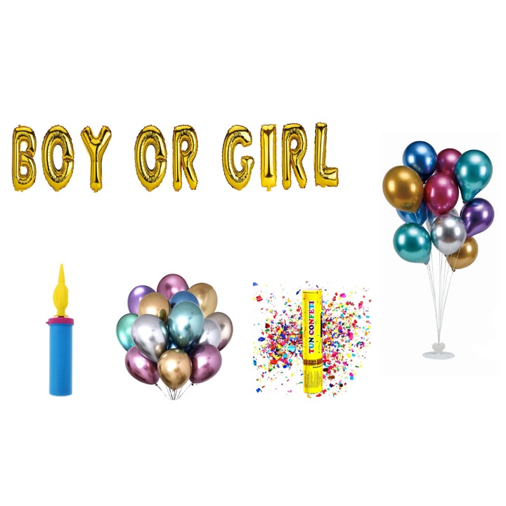 Fiú vagy lány lufi szett, tortalapos ajándék, 70 db, arany