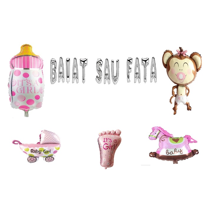 Set Baloane Baiat Sau Fata , Model Roz , Cake Topper Cadou , 18 Buc , Argintiu