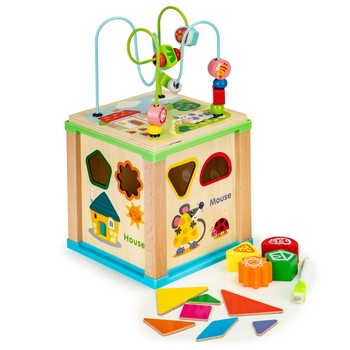 Jucarie educativa multifunctionala din lemn cu tabla de scris, Isp, 18x18x33 cm Jucarie educativa multifunctionala din lemn cu tabla de scris, Isp, 18x18x33 cm