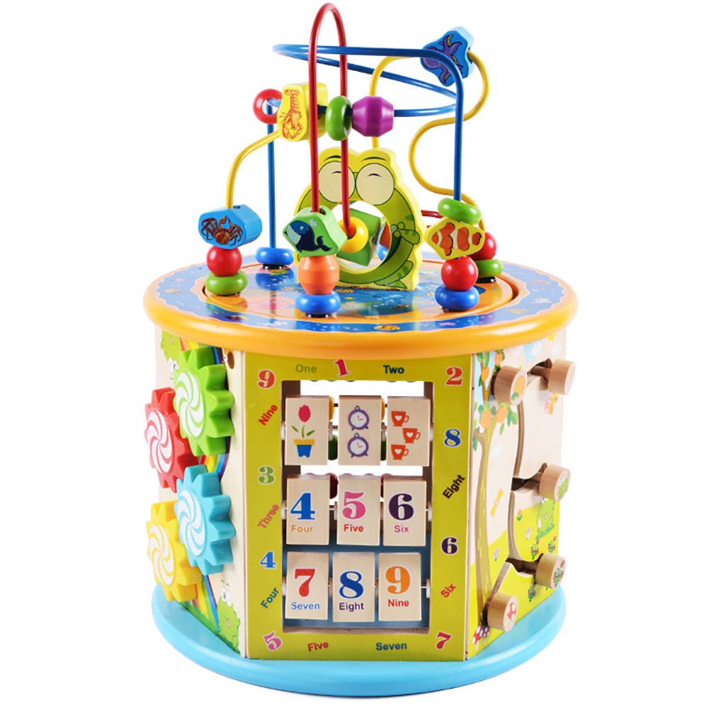 Jucarie educativa multifunctionala din lemn cu 8 moduri de joaca si tabla de joc, Kinderplay, 20x25x36 cm