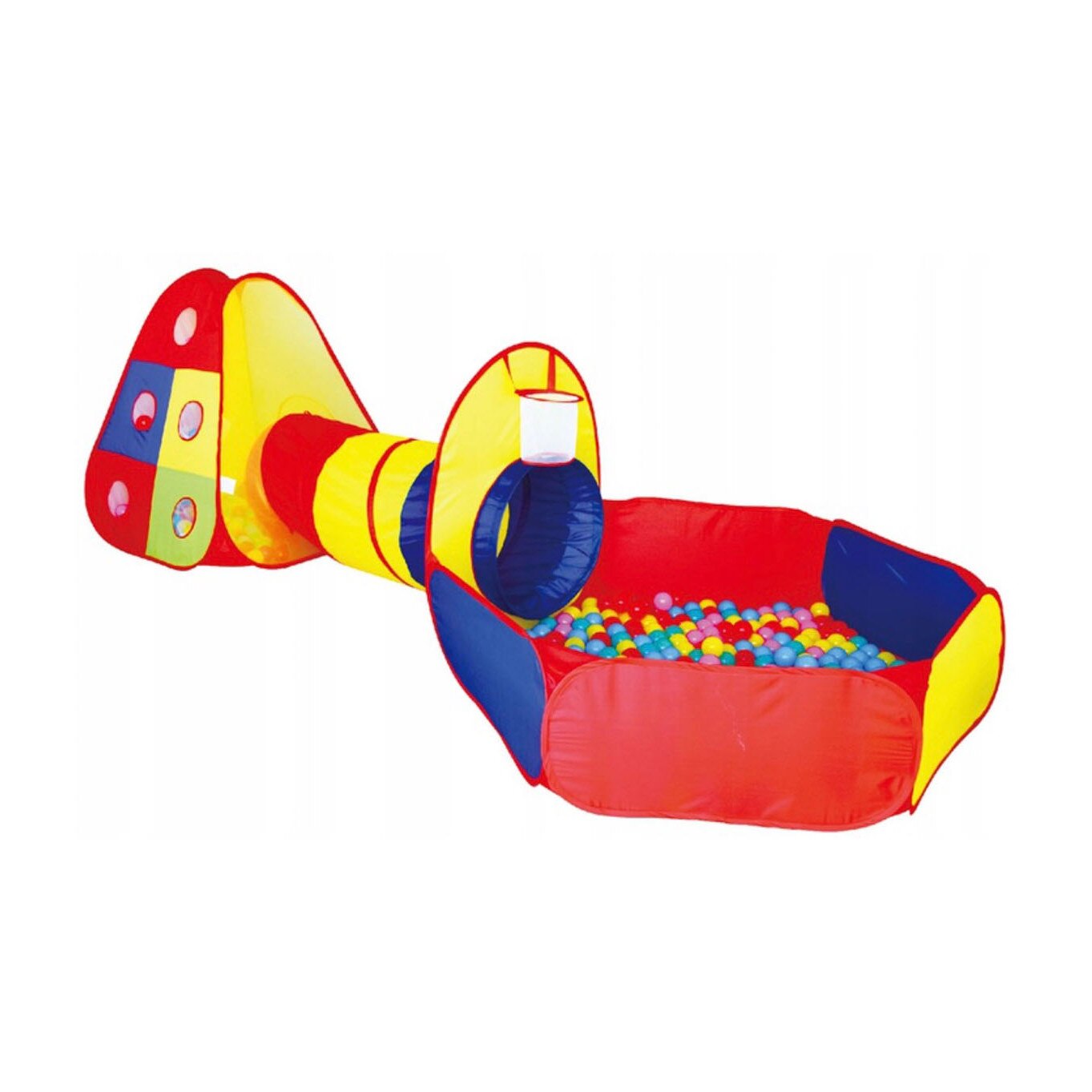 Spatiu de joaca 4 in 1 cu tunel, 100 bile multicolore, cos de baschet si tinta, Isp, 300x120x100 cm