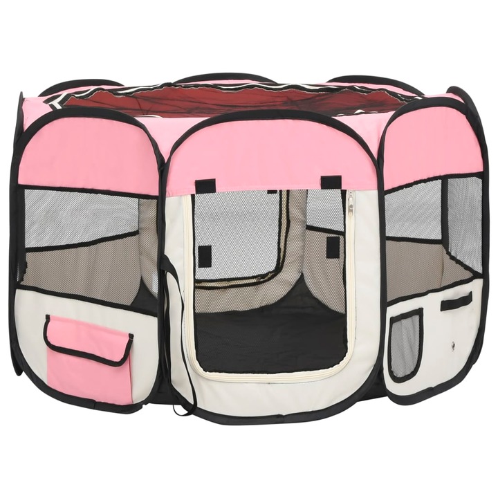 Tarc joaca pliabil caini vidaXL, cu sac de transport roz 90x90x58 cm, 1.05 kg
