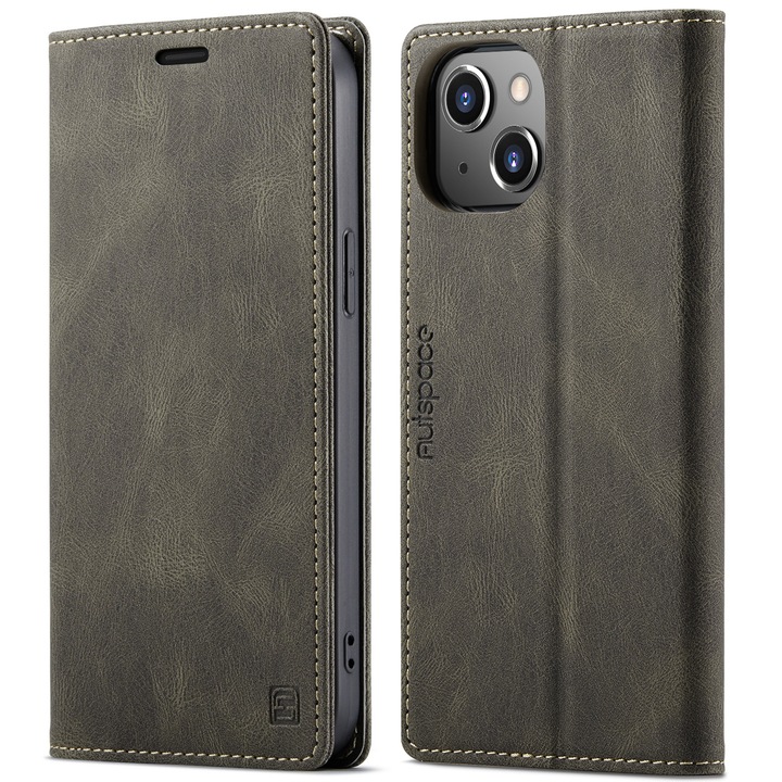 iPhone 13 Mini, CaseMe Retro tok, vékony bőr, pénztárca típus, álló, mágneses záródás, puha textúra, RFID védelem, Kávébarna