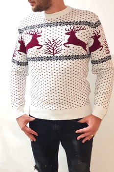 Pulover barbati cu Reni, Boranex Collection, lana, alb/bordo Pulover barbati cu Reni, Boranex Collection, lana, alb/bordo