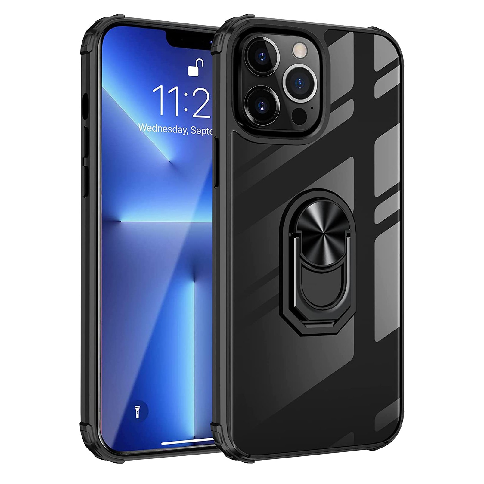 Husa pentru iPhone 13 PRO MAX, Hybrid Antisoc, carcasa cu bumper, inel rotativ 360 si Kickstand, Negru