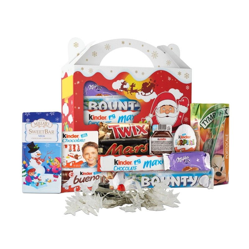Cutie cadou copii Elf's Choice-Nutella, Ou Kinder, Kinder Bueno, Twix, Mars, Bounty, Kinder Maxi Chocolate, Napolitana, Ciocolata, Instalatie Brad, Suc, Cutie cadou
