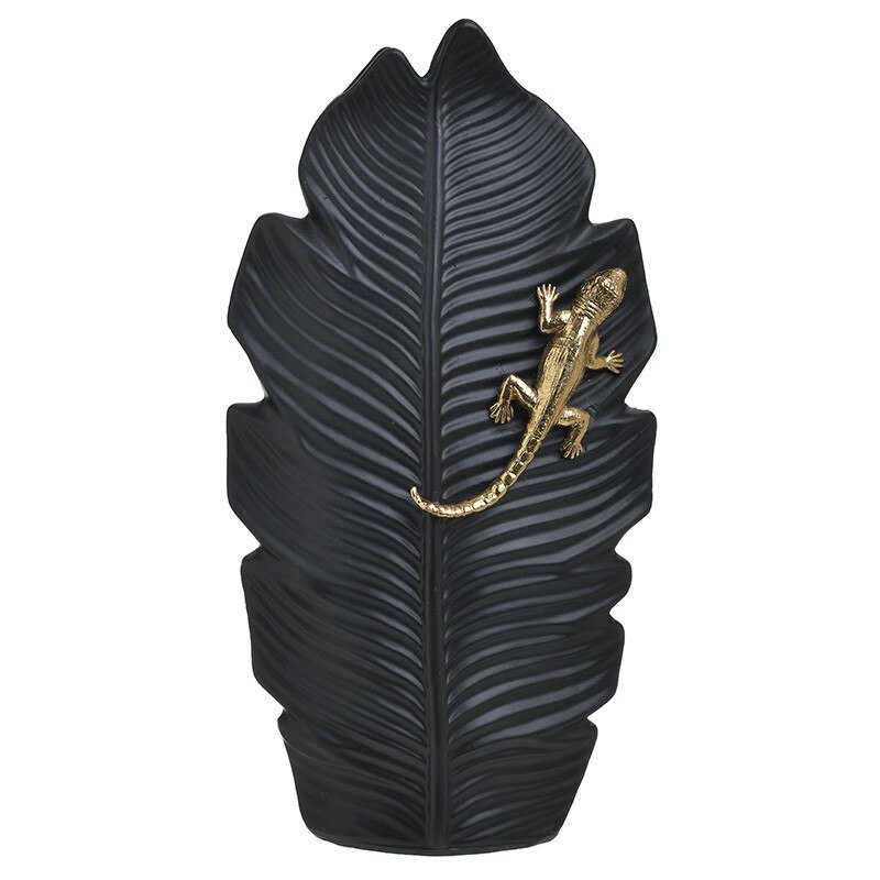 Vaza din rasina model frunza cu soparla, black/gold, 20Χ8Χ39