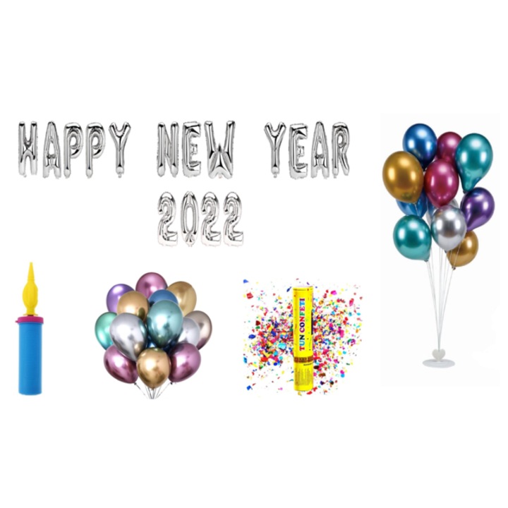 Boldog Új Évet 2022 Lufi szett, tortalapos ajándék, 77 db, ezüst