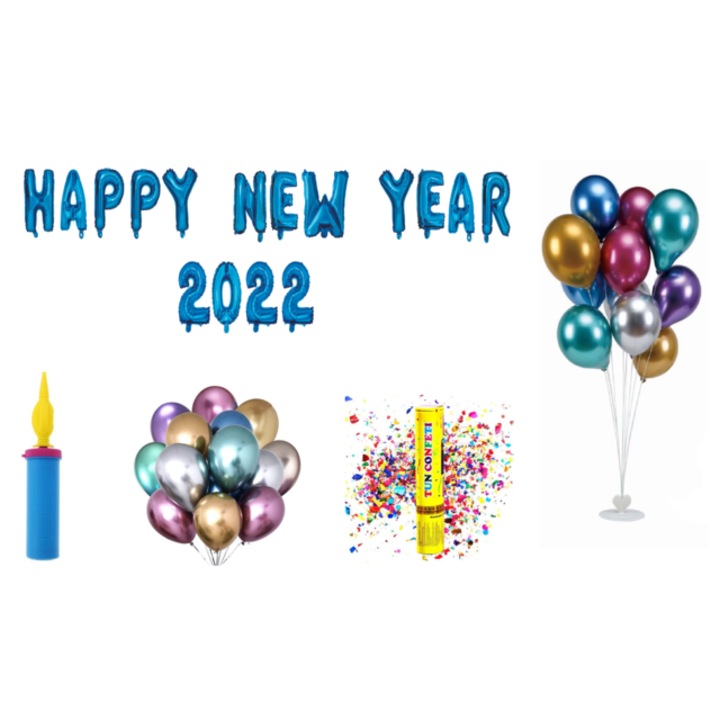 Boldog új évet 2022 lufi készlet, tortalapos ajándék, 77 db, kék