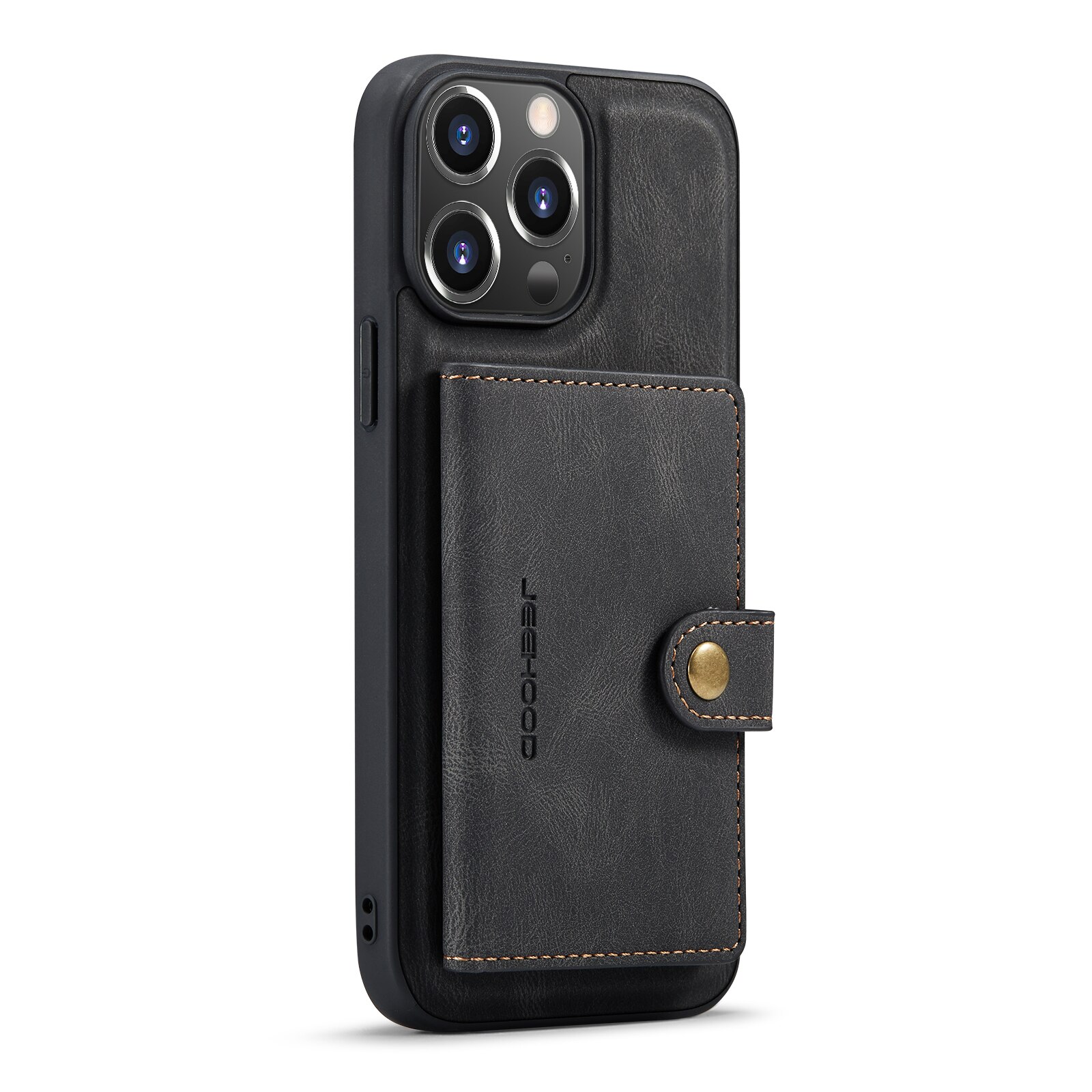 Husa pentru iPhone 13 Pro Max, piele cu textura moale, back cover, mini portofel detasabil, CaseMe, Negru