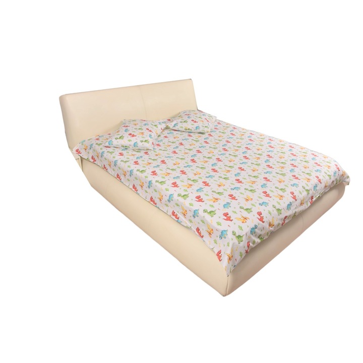Lenjerie pat dublu, 140/160x200 cm, bumbac 100% model dinozauri multicolor