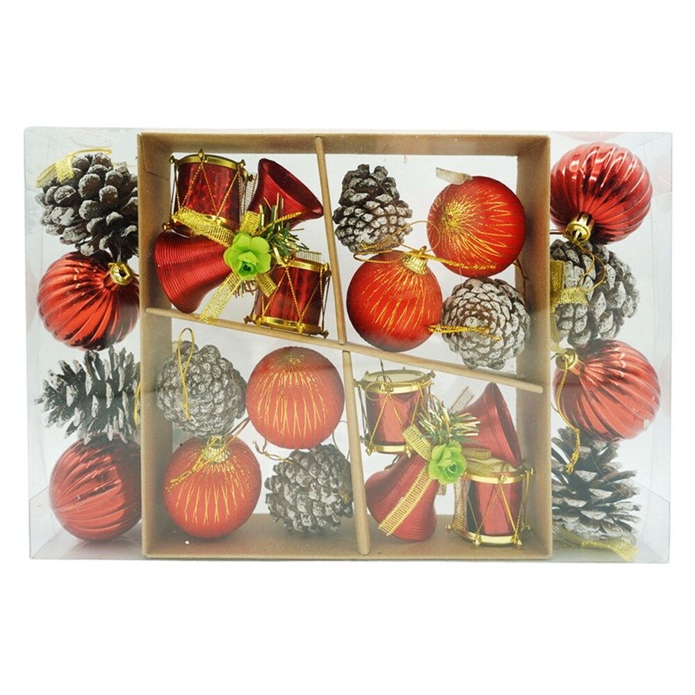 Set 24 Globuri de Craciun Zenino® - Globuri Diverse Forme, Decoratiuni Brad, Rosu/Argintiu