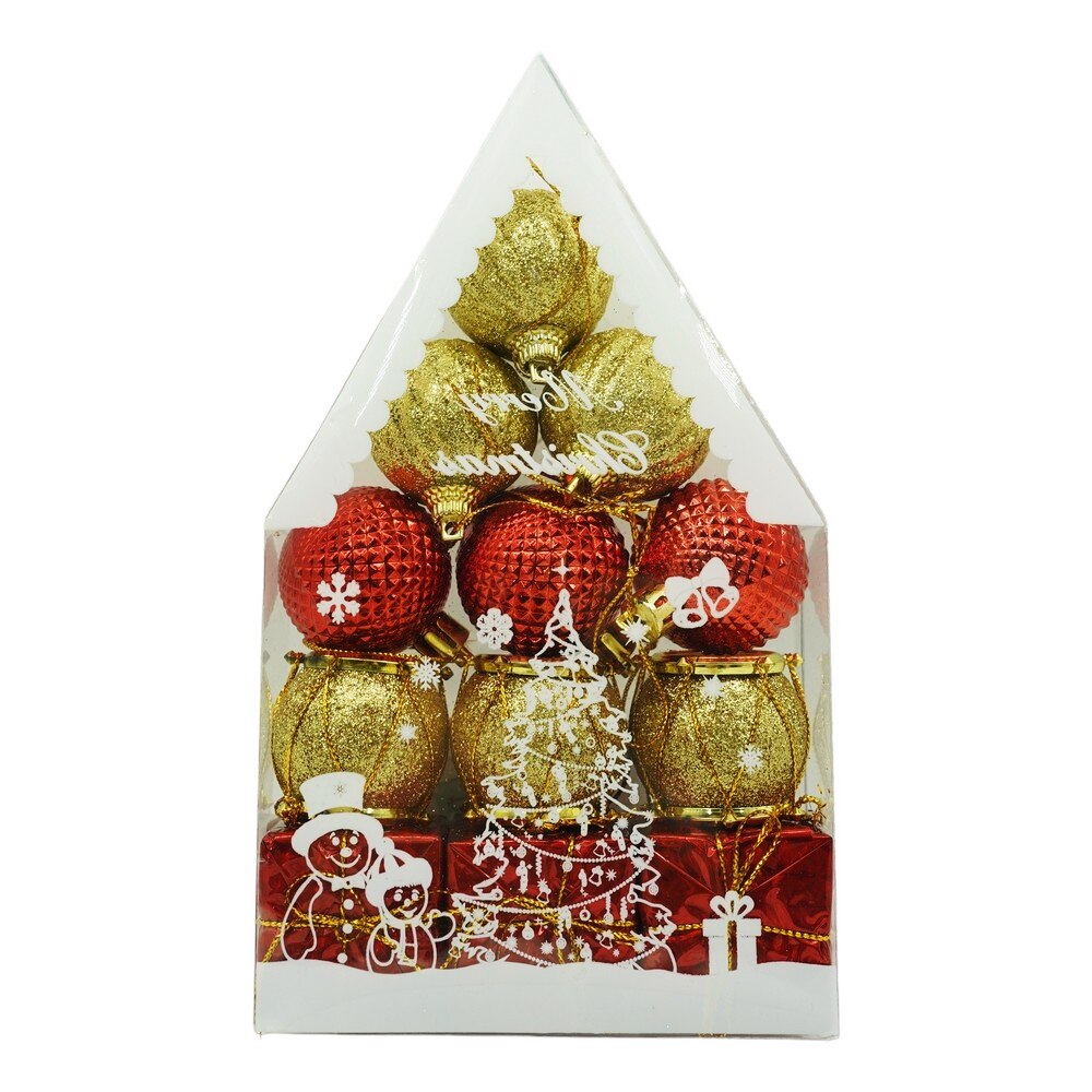 Set 12 Globuri de Craciun Zenino® - Globuri Diverse Forme, Decoratiuni Brad, Rosu/Auriu