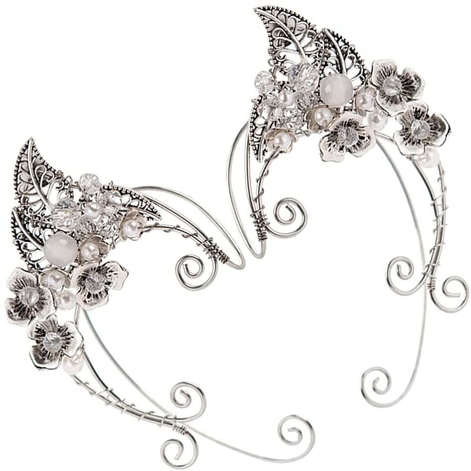 Cercei urechi de Elf , metalici cu frunze si perlute, argintii