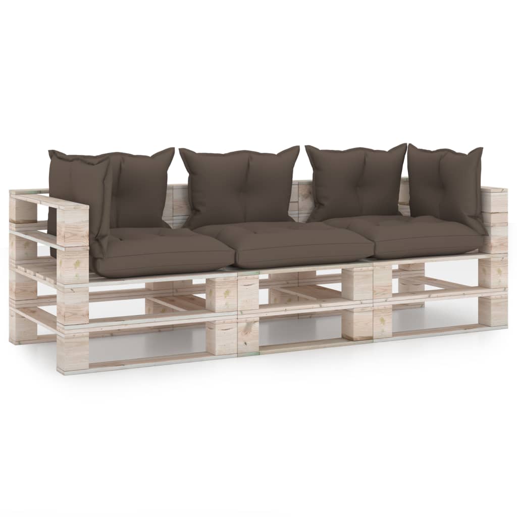 Canapea de gradina din paleti cu 3 locuri cu perne vidaXL, Lemn, 70 x 67.5 x 62 cm, Taupe