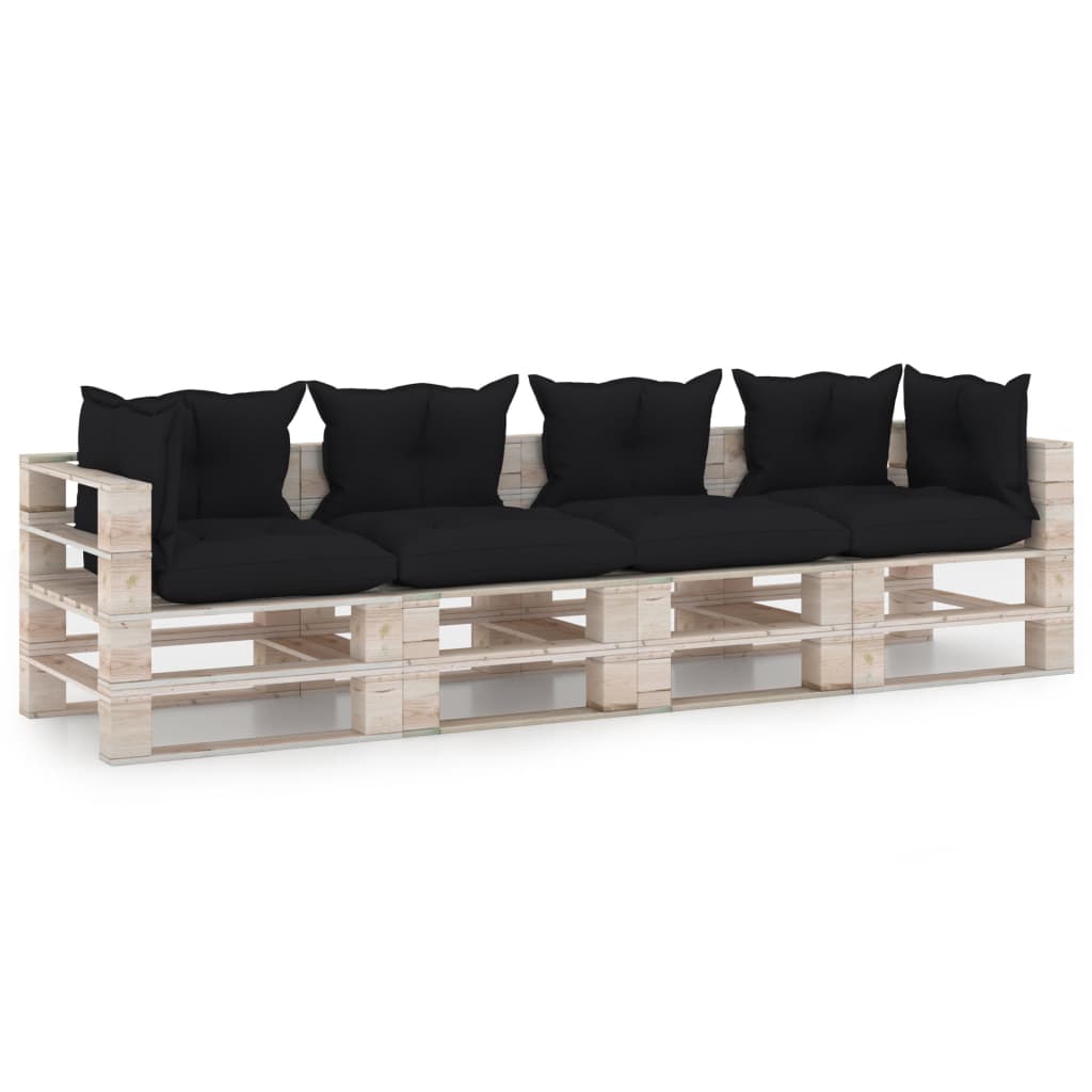 Canapea de gradina din paleti cu 4 locuri cu perne vidaXL, Lemn, 70 x 67.5 x 62 cm, Negru